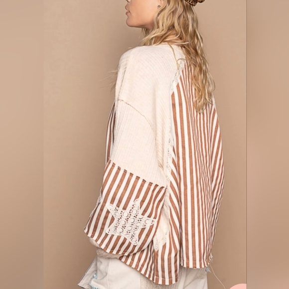 POL Striped V-Neck Top Lace Star Sleeves Balloon Brown Cream Size M NWT - Picture 4 of 12